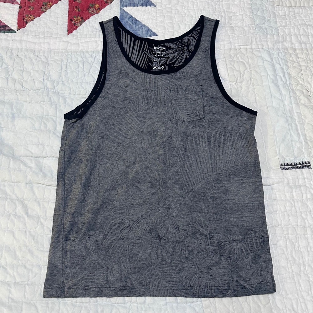 RVCA Tank Top Gray Tropical Palm Print Relaxed Fit Pocket Mens Medium